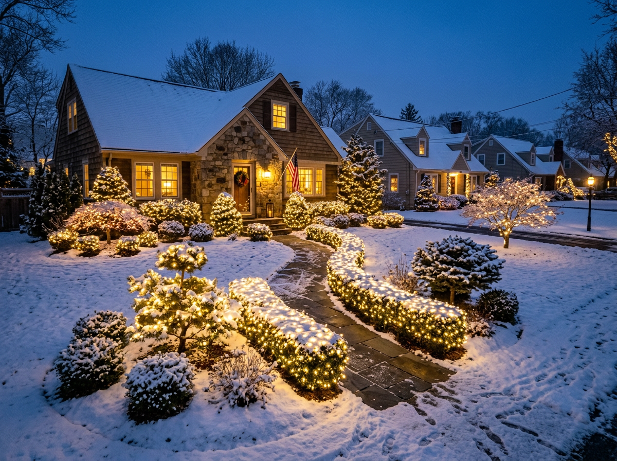 Front yard shrubs and trees wrapped in warm-white holiday string lights in the snow