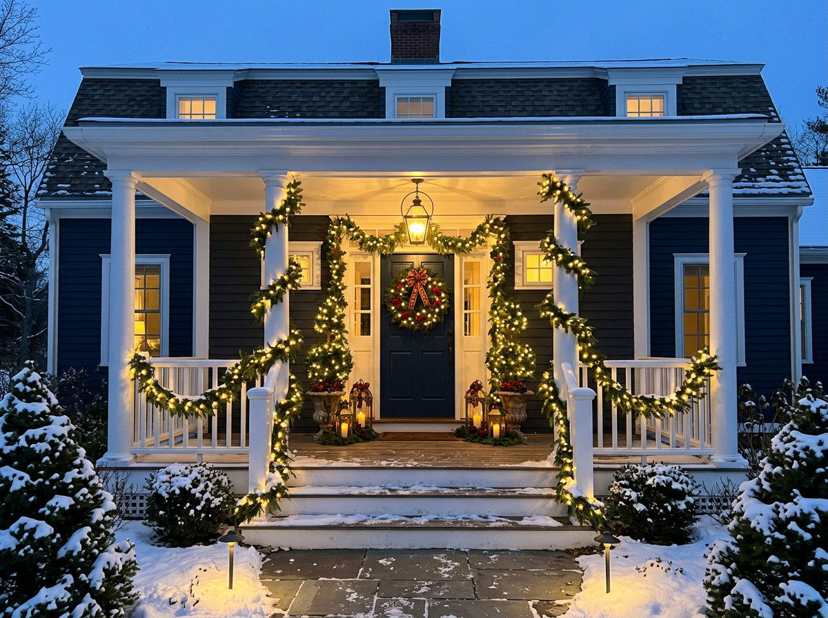 Front entrance with lit garland and a wreath decorated for the holidays