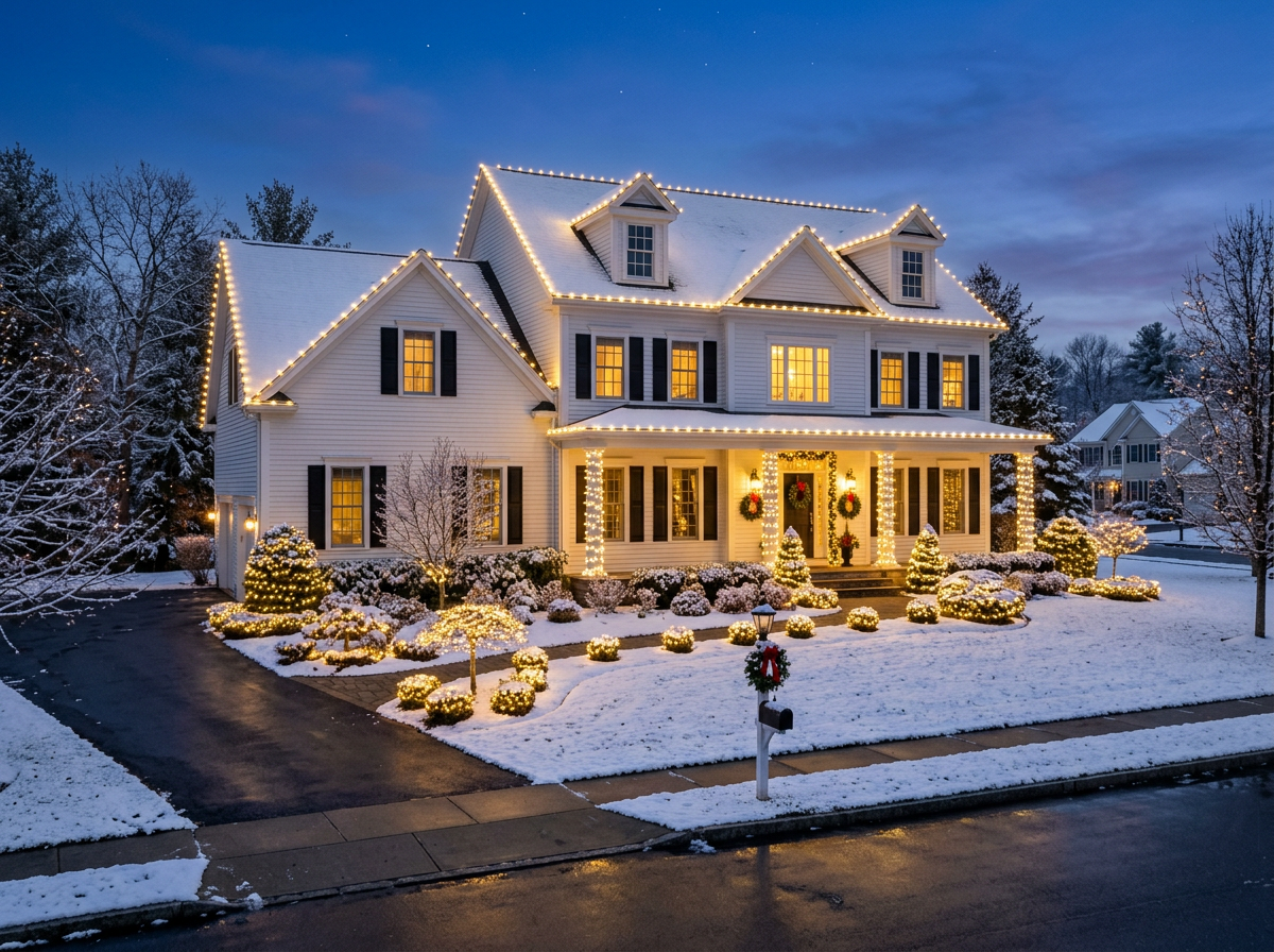 Full house holiday lighting with lit roofline, columns, and landscaping on the North Shore